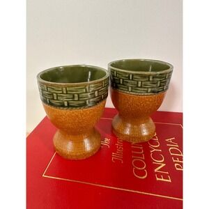 Vintage Mid Century Wood Green and Brown Egg‎ Cups 2pc Set Retro Kitchenware